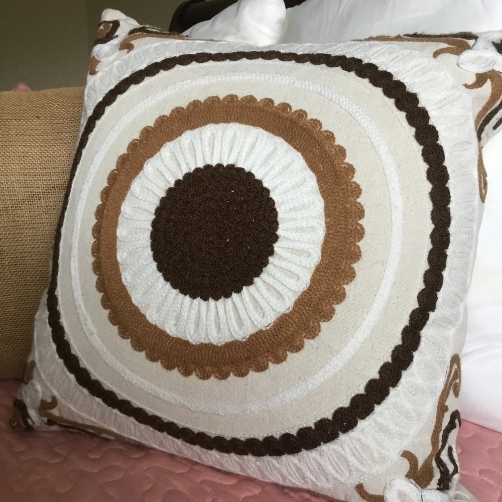 MCM Crewel Embroidered Earthtone Pillow
